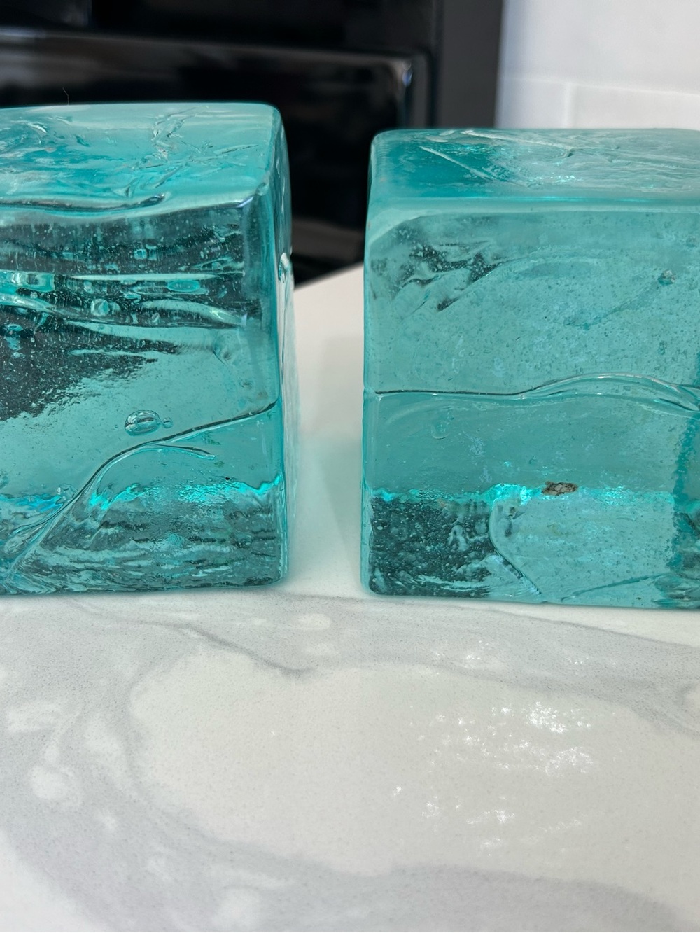 2 Icy Blue Solid Glass Cube Decorative Accent/ Paper Weight 3 1/4”